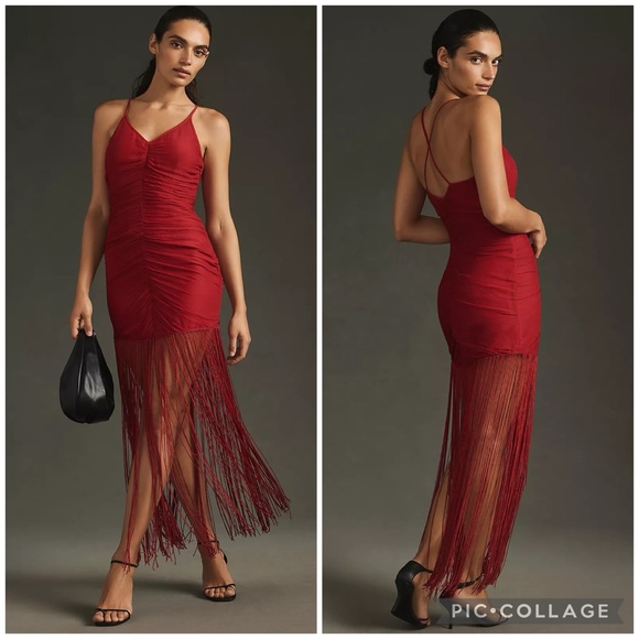 Anthropologie Dress NWT Vineet Bahl Sleeveless V-Neck Fringe Maxi in Red Medium